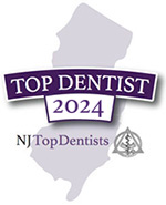 The image is a logo for the Top Dentist 2024, featuring a map of New Jersey with a purple ribbon and the text  Top Dentist 2024  in white.