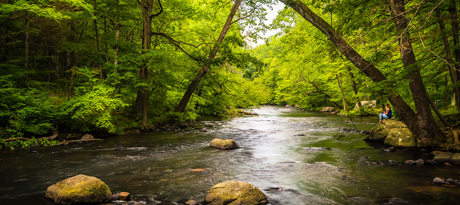 The image is a natural landscape photograph featuring a tranquil river scene with a bridge, trees, and a person standing on the rocks.