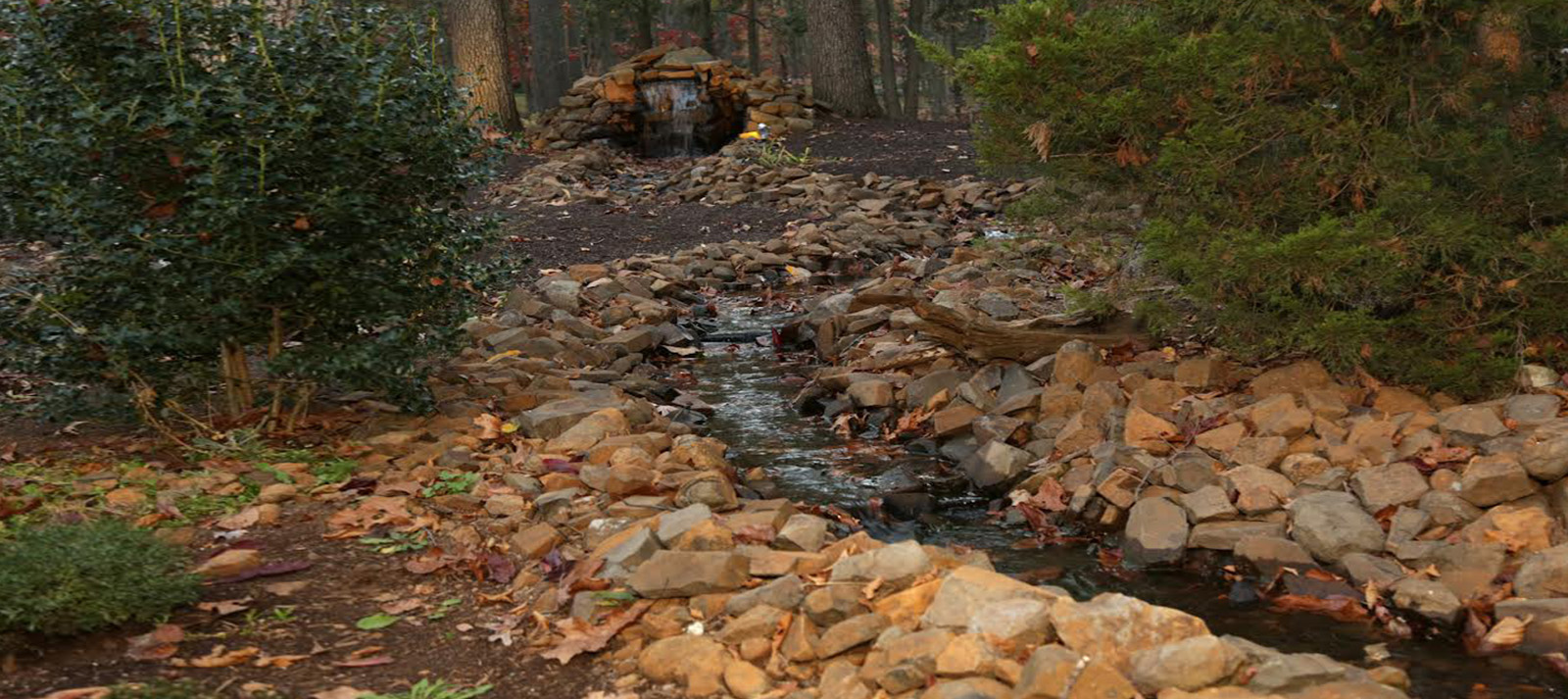 The image shows a small, rocky stream flowing through a wooded area.