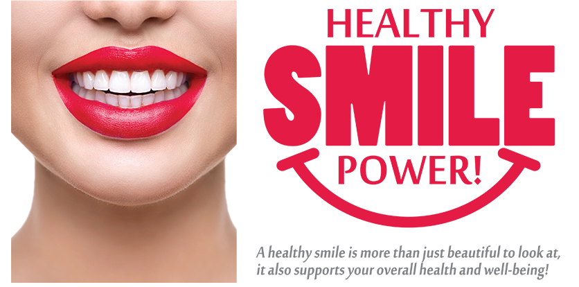 The image is a graphic advertisement featuring a close-up of a person s face, predominantly showing the lips and mouth area with red lipstick. The background is white, and there is text overlaid on the image that reads  HEALTHY SMILE POWER.  The style of the image suggests it is meant for promotional or informational purposes, possibly related to dental health services.