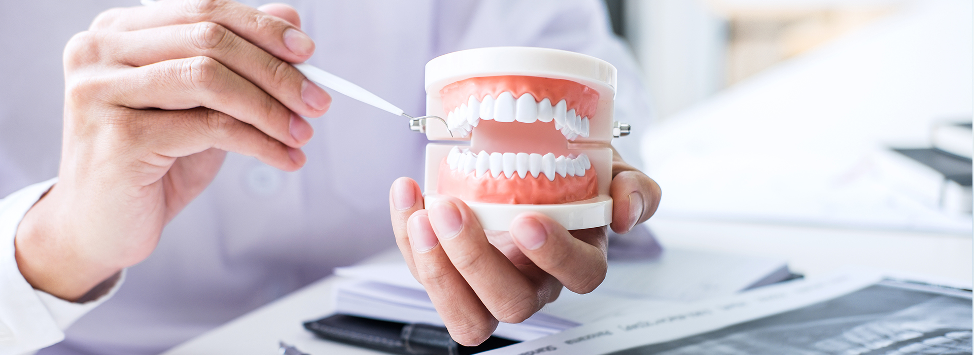 A person s hands holding a cup of teeth impressions with the background blurred, showing an office setting.